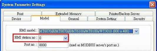 System Parameter Settings dialog with the Model tab selected, showing HMI station no. field set to 0.
