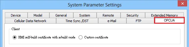 System Parameter Settings OPCUA tab showing the Client section with HMI self-build certificate with rebuild mode selected.