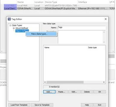 Tag Editor dialog with Object-Defined selected and a context menu showing the New data type option for creating a custom data type named Tags.