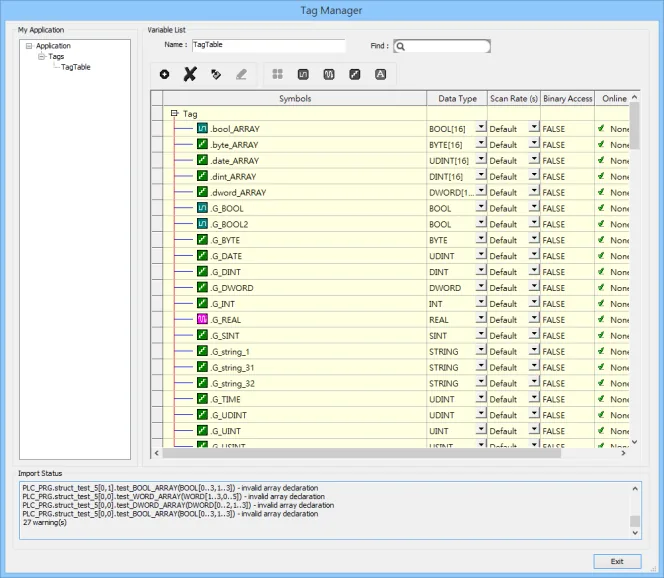 Tag Manager showing imported CoDeSys V2 symbols with data types, scan rates, and Import Status warnings listed at the bottom of the window.