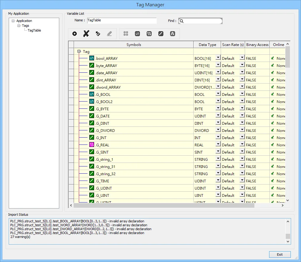 Tag Manager Imported Tags Import Status Tag Manager window displaying an imported TagTable with symbol names and data types listed, and Import Status warnings shown at the bottom.