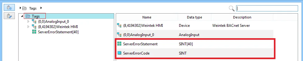 Tag manager showing ServerErrorStatement (SINT[40]) and ServerErrorCode (SINT) tags under the Weintek HMI device tree.