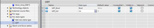 TIA Portal PLC data types panel showing a UDT with UDT_Bool (Bool) and UDT_Int (Int) members.