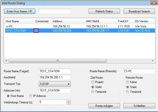 TwinCAT Add Route Dialog showing TEST_STATION connected with AMS Net Id 169.254.56.205.1.1, Transport Type TCP/IP, and Static route options.