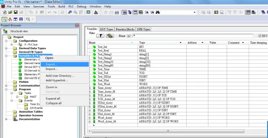 Unity Pro XL Variables table with right-click context menu open, showing Export option highlighted.
