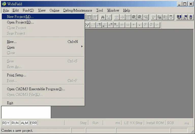 WideField application with the File menu open, highlighting New Project option.