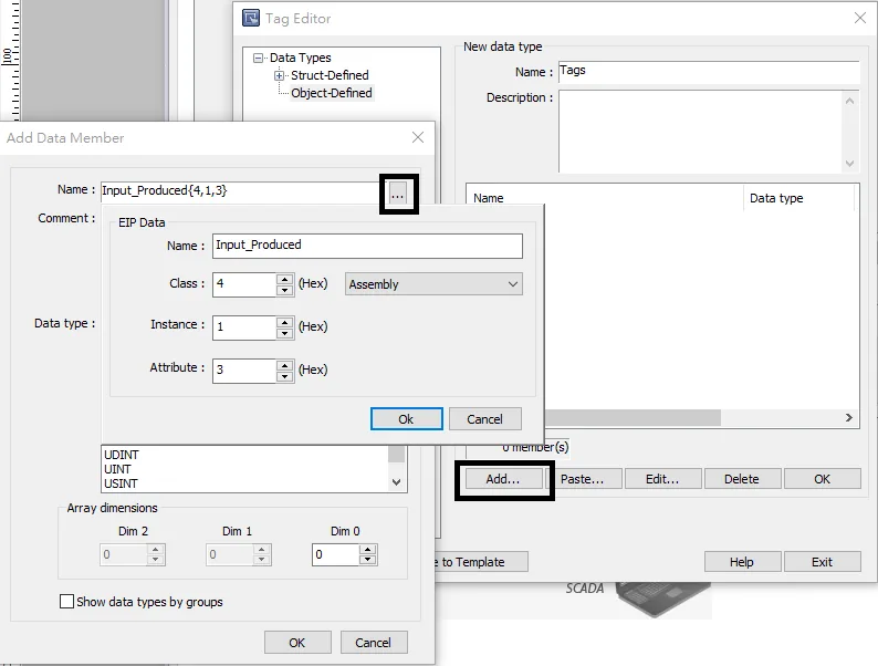 Add Data Member dialog overlaid on Tag Editor, showing EIP Data fields with Name set to Input_Produced, Class 4 (Assembly), Instance 1, and Attribute 3 in hex.