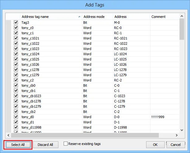 Add Tags dialog listing address tag names, address modes, addresses, and comments with all checkboxes selected, and the Select All button highlighted at the bottom.