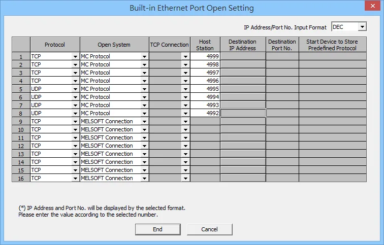 Built-in Ethernet Port Open Setting dialog showing rows 1 through 8 configured with TCP and UDP protocols, MC Protocol open system, and host station port numbers 4992 to 4999.