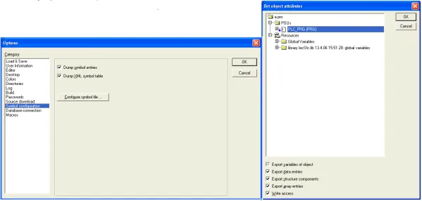 CODESYS Options dialog with Symbol configuration showing Dump symbol entries and Dump XML symbol table checked, alongside the Set object attributes export dialog.