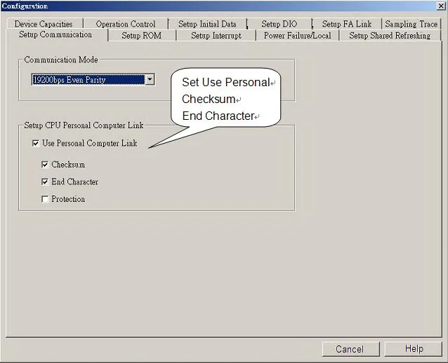 Configuration dialog open on the Setup Communication tab with Use Personal Computer Link, Checksum, and End Character all checked, and communication mode set to 19200bps Even Parity.