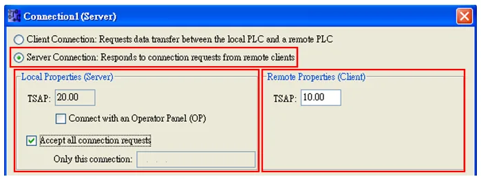 Connection1 Server TSAP Settings Connection1 Server dialog with Server Connection selected, Local TSAP set to 20.00 and Remote TSAP set to 10.00, Accept all connection requests checked.