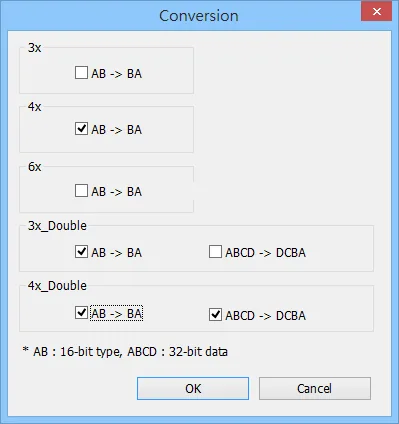 Conversion dialog showing byte and word swap options including AB, BA, ABCD, and DCBA data format selections for Modbus register data conversion.