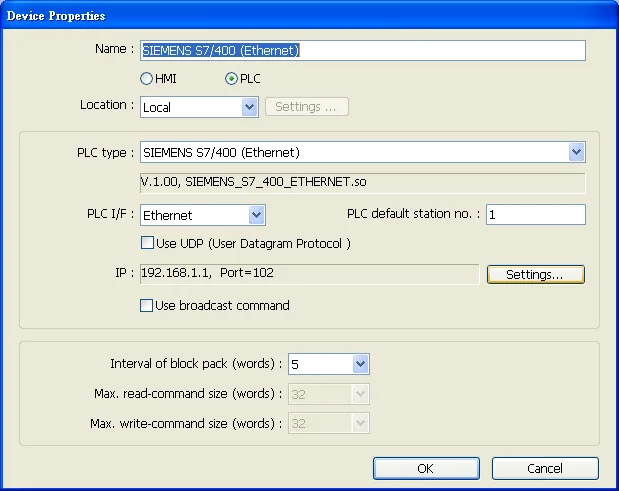 Device Properties S7-400 Ethernet Configured Device Properties dialog showing completed configuration with SIEMENS S7-400 (Ethernet) PLC type, Ethernet PLC I/F, and IP 192.168.1.1 Port 102.