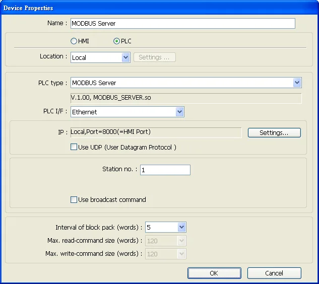 Device Properties dialog with PLC type set to MODBUS Server and PLC I/F set to Ethernet, with the UDP checkbox unchecked for TCP/IP mode.