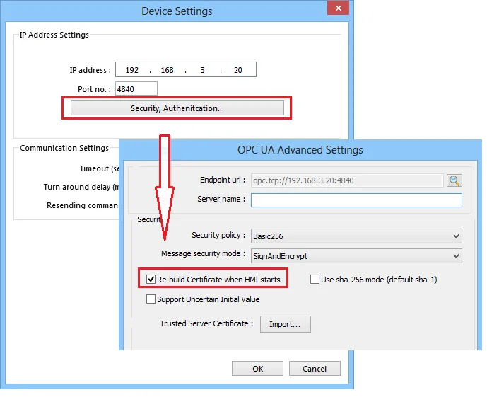 Device Settings and OPC UA Advanced Settings dialogs with Security policy set to Basic256, Message security mode set to SignAndEncrypt, and Re-build Certificate when HMI Starts checked.