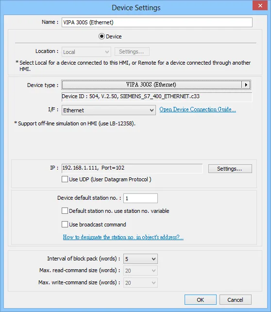 Device Settings VIPA 300S Ethernet Completed Device Settings dialog showing VIPA 300S (Ethernet) name, Ethernet interface, IP 192.168.1.111 Port 102, and station no. 1.