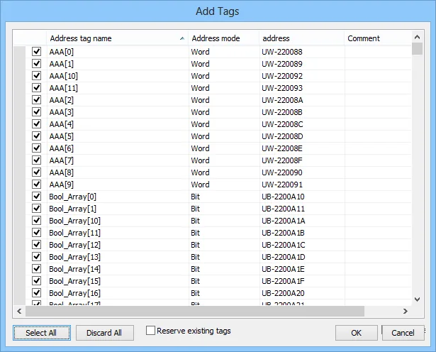 EasyBuilder Add Tags Address Selection Add Tags dialog listing imported tag names with their address mode and address values, with Select All, Discard All, and OK buttons.
