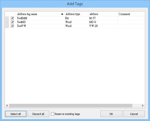 EasyBuilder Add Tags dialog listing TestBitM, TestMD, and TestVW with all checkboxes selected before confirming import.