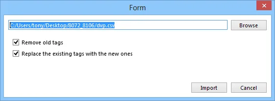 EasyBuilder Pro Form dialog for selecting a tag file path, with Remove old tags and Replace existing tags checkboxes checked.