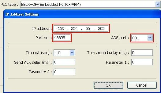 EasyBuilder IP Address Settings dialog with PLC type set to BECKHOFF Embedded PC, IP address 169.254.56.205, Port no. 48898, and ADS port 801.
