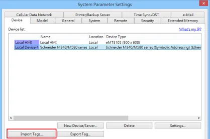 EasyBuilder Pro System Parameter Settings dialog with Schneider M340/M580 series device listed and Import Tags button highlighted.