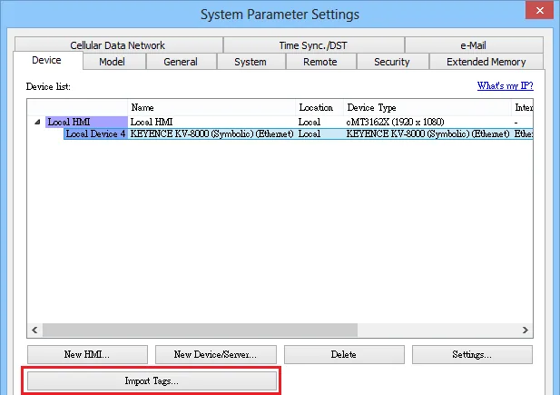 EasyBuilder Pro System Parameter Import Tags EasyBuilder Pro System Parameter Settings Device tab showing KEYENCE KV-8000 (Symbolic) (Ethernet) listed as Local Device 4, with the Import Tags button highlighted at the bottom.