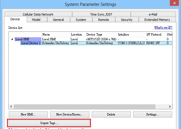 EasyBuilder Pro System Parameter Settings EasyBuilder Pro System Parameter Settings dialog with Local Device 1 set to Schneider UniTelway on COM 1 and the Import Tags button visible.