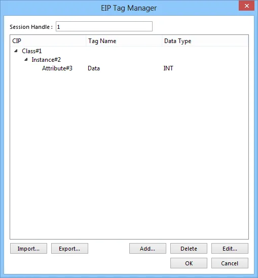 EIP Tag Manager showing the newly added tag Data of type INT under Class#1, Instance#2, Attribute#3 in the CIP tree.