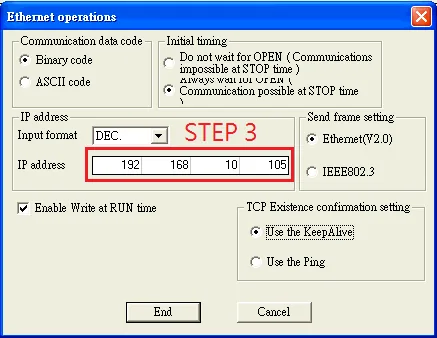 Ethernet Operations IP Address V2 Setting Ethernet operations dialog with Send frame setting set to Ethernet V2.0 and IP address 192.168.10.105 entered in DEC format.