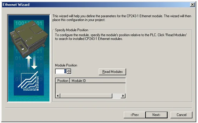 Ethernet Wizard Specify Module Position Ethernet Wizard Specify Module Position screen showing Module Position field set to 0 and an empty Position/Module ID table with the Read Modules button.