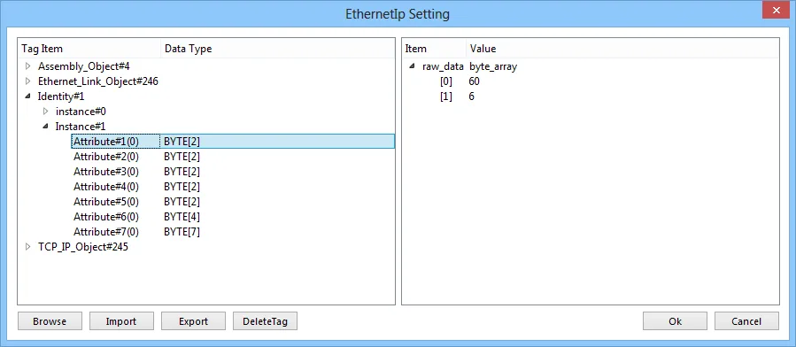 EthernetIp Setting dialog with Identity#1 expanded showing Instance#1 attributes (Attribute#1 through Attribute#7) with BYTE data types, and the Item/Value panel showing raw_data byte_array with values 60 and 6.