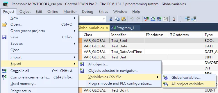 FPWIN Pro Export Variables as CSV File FPWIN Pro 7 Project menu open showing Export submenu with Variables as CSV file option highlighted and All project variables selected.