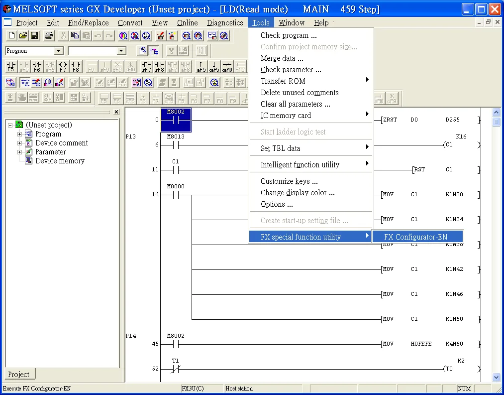 GX Developer FX Configurator-EN GX Developer Tools menu with FX special function utility submenu open and FX Configurator-EN highlighted.