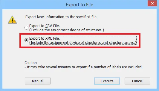 GX Works3 Export to XML File Dialog Export to File dialog with Export to XML File option selected and Execute button visible.