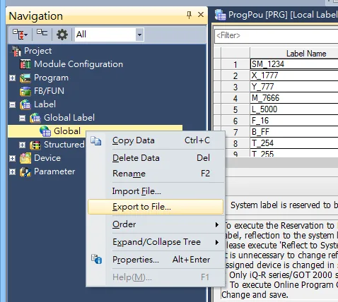GX Works3 Global Label Export to File GX Works3 Navigation panel showing Global Label selected with right-click context menu open, highlighting the Export to File option.