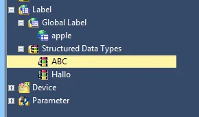 GX Works3 Global Label Navigation Tree GX Works3 navigation tree showing Global Label with an 'apple' entry and Structured Data Types with 'ABC' and 'Hallo' entries.