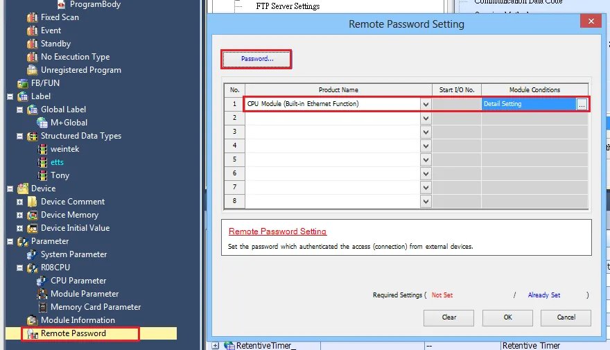 GX Works3 Remote Password Setting dialog listing CPU Module (Built-in Ethernet Function) as the target connection with Detail Setting option.
