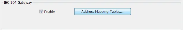 IEC 104 Gateway group box in EBPro (EasyBuilder Pro) with the Enable checkbox checked and the Address Mapping Tables button visible.
