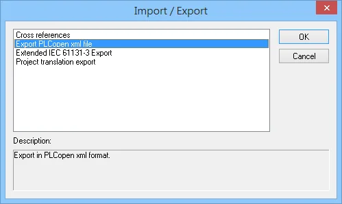 Import Export PLCopen XML Dialog Import/Export dialog with Export PLCopen xml file selected and a description reading Export in PLCopen xml format.