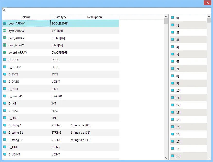 EBPro (EasyBuilder Pro) tag browser showing imported Bosch Rexroth SIS tags with columns for Name, Data type, and Description, listing array and global variable tags.