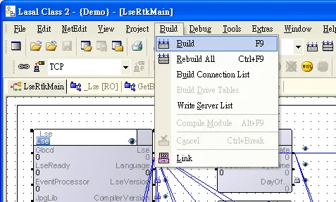 LASAL Class 2 Build menu open, showing options including Build (F9), Rebuild All, and Build Connection List.
