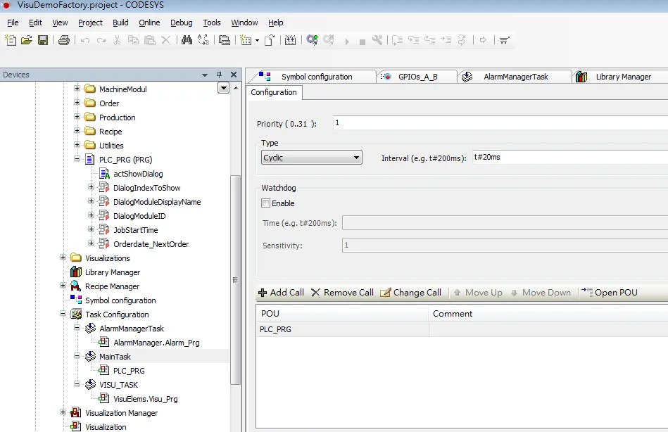CODESYS project Devices tree showing MainTask expanded with PLC_PRG listed, and the Task Configuration panel showing Cyclic type with t#20ms interval.