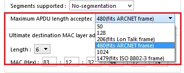 Maximum APDU length accepted dropdown expanded, showing options including 50, 128, 206 (fits Lon Talk frame), 480 (fits ARCNET frame), 1024, and 1479 (fits ISO 8802-3 frame).