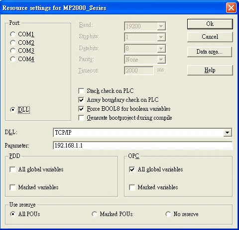 MotionWorks IEC Resource IP Address Settings Resource Settings for MP2000_Series dialog with DLL set to TCP/IP and Parameter field showing 192.168.1.1.