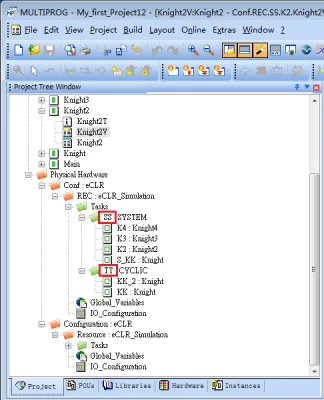 MULTIPROG Project Tree Task Names MULTIPROG project tree window showing tasks SS and T1 highlighted under the Physical Hardware node, used as reference for correct task name entry.