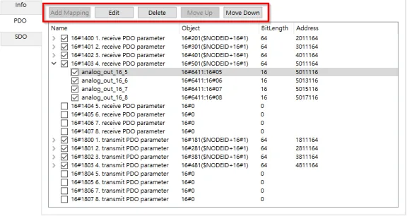 PDO tab in Device Manager showing a list of receive PDO parameters with expanded analog output mapping entries and their object, bit length, and address columns.