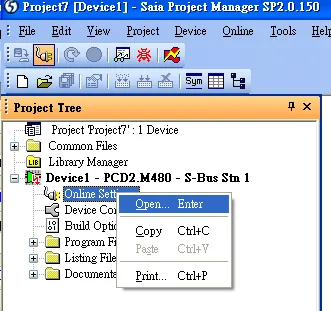 Project Tree with Online Settings right-clicked, showing context menu with Open highlighted.