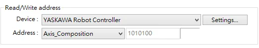 Read/Write address dialog showing Device as YASKAWA Robot Controller and Address field with Axis_Composition selected and auto-generated number 1010100.