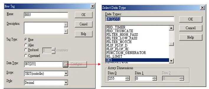 RSLogix 5000 New Tag dialog with name B003 and Data Type INT[255], alongside the Select Data Type dialog with INT selected and Array Dimension 0 set to 255.